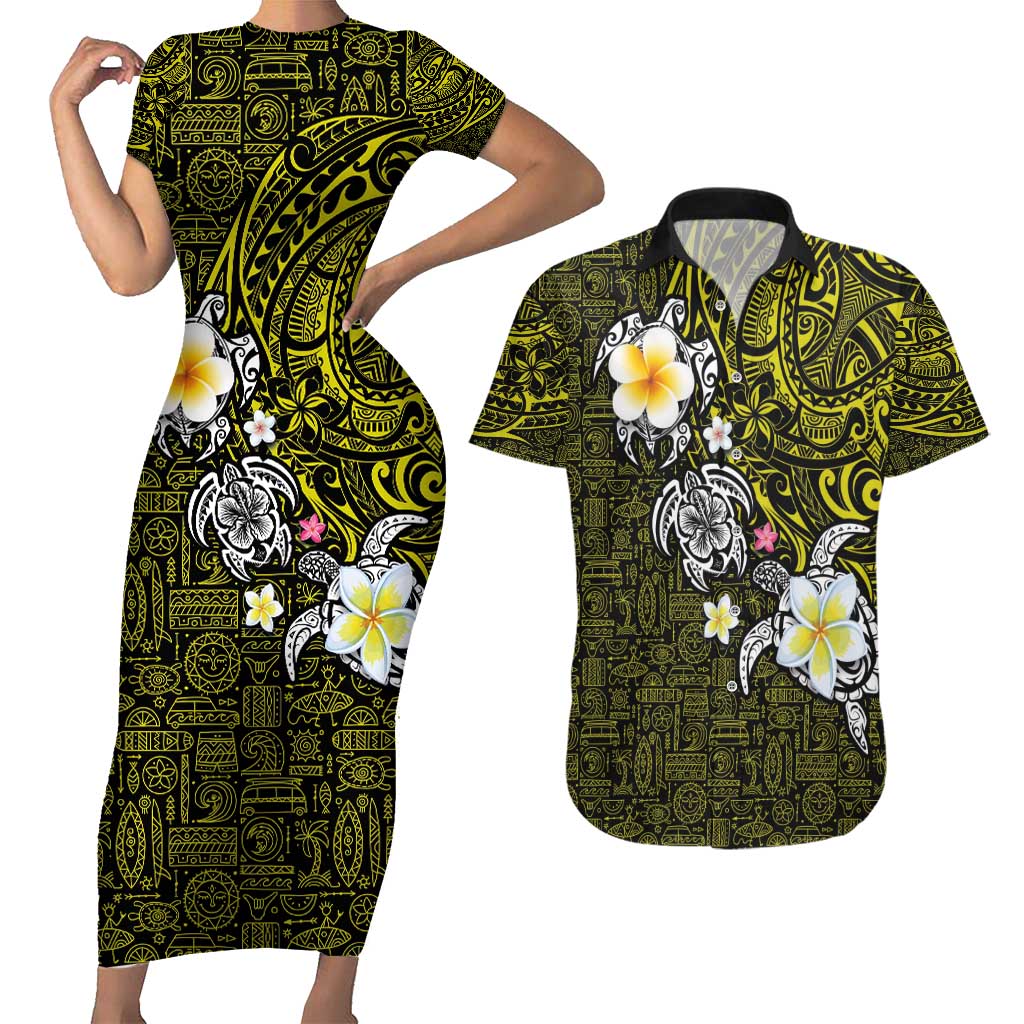 Hawaiian Turtle and Plumeria Couples Matching Short Sleeve Bodycon Dress and Hawaiian Shirt Polynesian Tattoo and Tribal Elements Pattern Yellow Color LT03 Yellow - Polynesian Pride