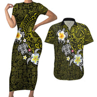 Hawaiian Turtle and Plumeria Couples Matching Short Sleeve Bodycon Dress and Hawaiian Shirt Polynesian Tattoo and Tribal Elements Pattern Yellow Color LT03 Yellow - Polynesian Pride