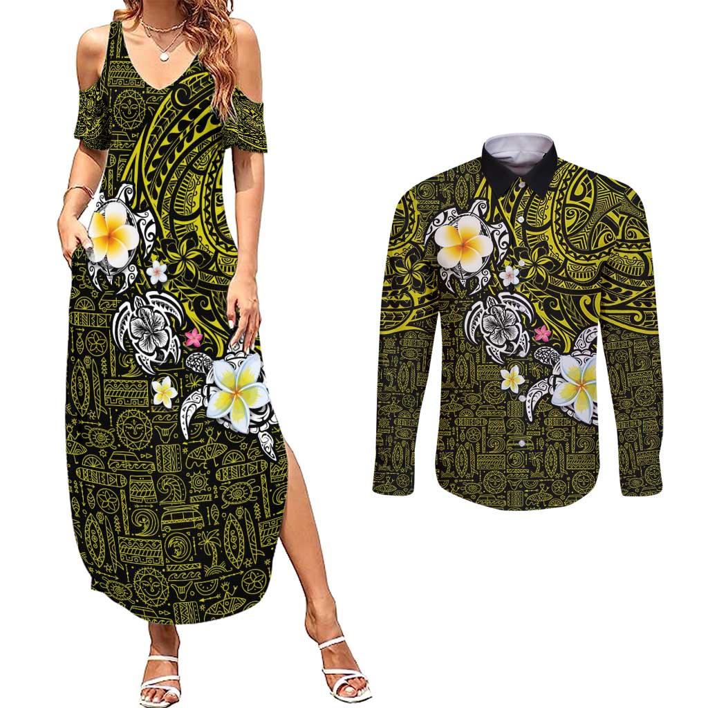 Hawaiian Turtle and Plumeria Couples Matching Summer Maxi Dress and Long Sleeve Button Shirt Polynesian Tattoo and Tribal Elements Pattern Yellow Color