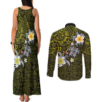 Hawaiian Turtle and Plumeria Couples Matching Tank Maxi Dress and Long Sleeve Button Shirt Polynesian Tattoo and Tribal Elements Pattern Yellow Color