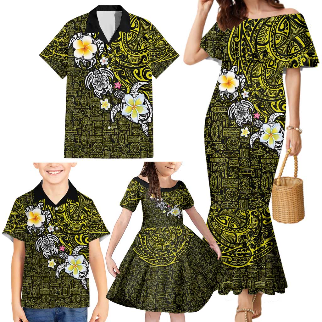 Hawaiian Turtle and Plumeria Family Matching Mermaid Dress and Hawaiian Shirt Polynesian Tattoo and Tribal Elements Pattern Yellow Color LT03 - Polynesian Pride