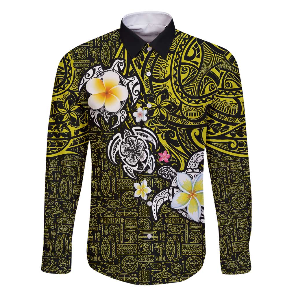 Hawaiian Turtle and Plumeria Family Matching Mermaid Dress and Hawaiian Shirt Polynesian Tattoo and Tribal Elements Pattern Yellow Color LT03 Dad's Shirt - Long Sleeve Yellow - Polynesian Pride