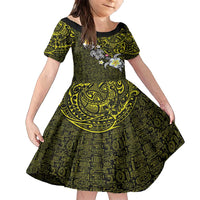Hawaiian Turtle and Plumeria Family Matching Off Shoulder Maxi Dress and Hawaiian Shirt Polynesian Tattoo and Tribal Elements Pattern Yellow Color LT03 Daughter's Dress Yellow - Polynesian Pride