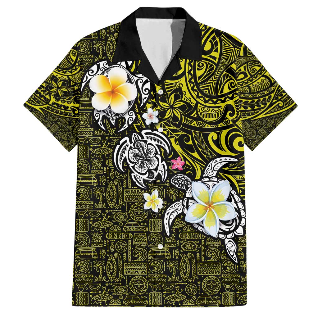 Hawaiian Turtle and Plumeria Family Matching Off Shoulder Maxi Dress and Hawaiian Shirt Polynesian Tattoo and Tribal Elements Pattern Yellow Color LT03 Dad's Shirt - Short Sleeve Yellow - Polynesian Pride