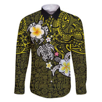 Hawaiian Turtle and Plumeria Family Matching Off Shoulder Maxi Dress and Hawaiian Shirt Polynesian Tattoo and Tribal Elements Pattern Yellow Color LT03 Dad's Shirt - Long Sleeve Yellow - Polynesian Pride