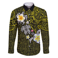 Hawaiian Turtle and Plumeria Family Matching Puletasi and Hawaiian Shirt Polynesian Tattoo and Tribal Elements Pattern Yellow Color LT03 Dad's Shirt - Long Sleeve Yellow - Polynesian Pride