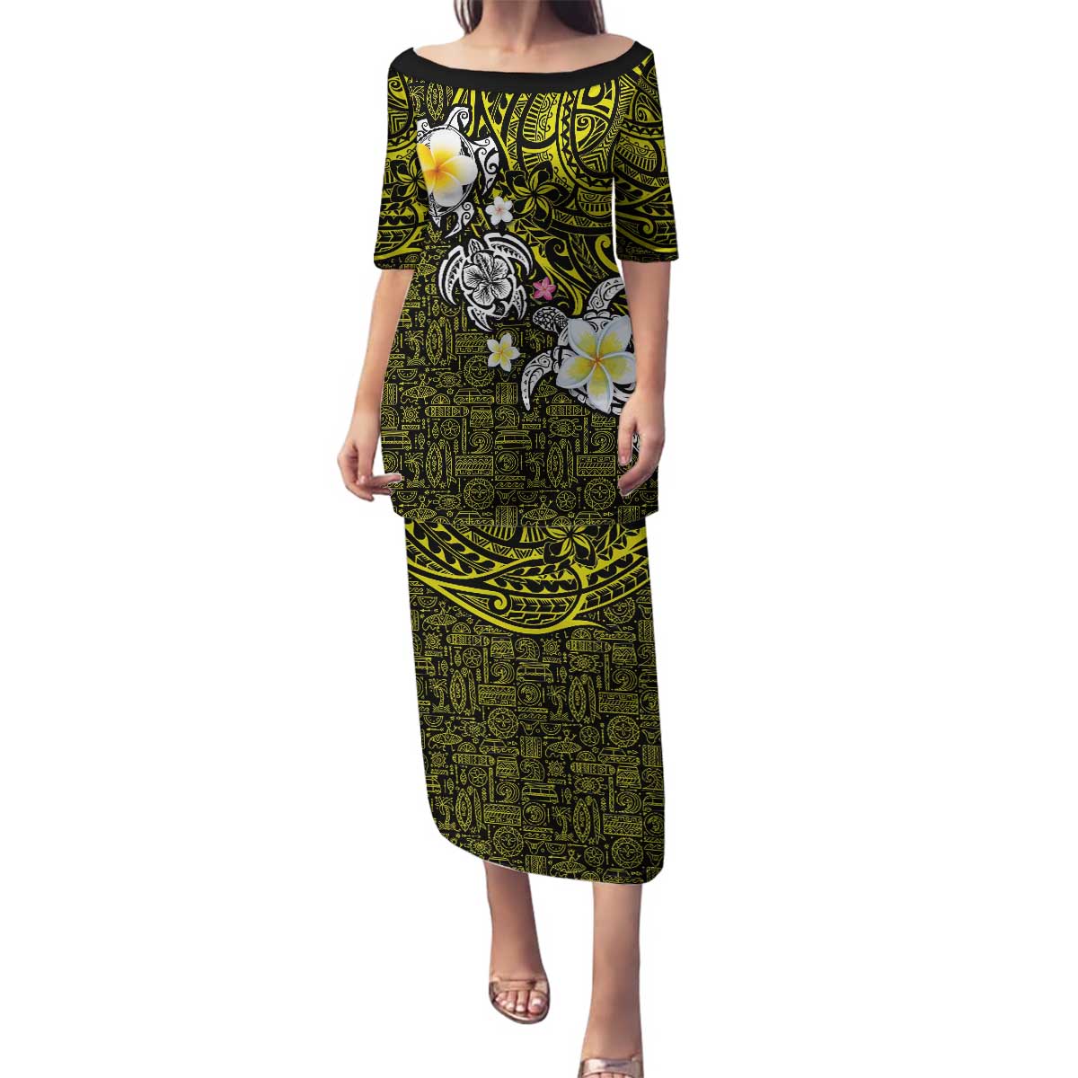 Hawaiian Turtle and Plumeria Family Matching Puletasi and Hawaiian Shirt Polynesian Tattoo and Tribal Elements Pattern Yellow Color LT03 Mom's Dress Yellow - Polynesian Pride