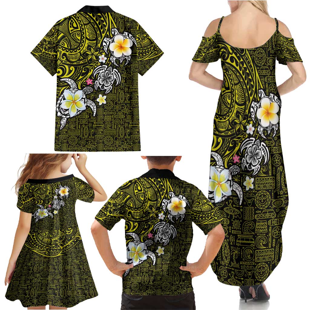 Hawaiian Turtle and Plumeria Family Matching Summer Maxi Dress and Hawaiian Shirt Polynesian Tattoo and Tribal Elements Pattern Yellow Color