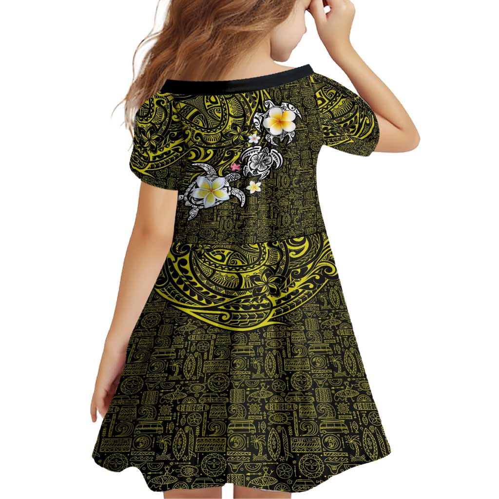 Hawaiian Turtle and Plumeria Family Matching Tank Maxi Dress and Hawaiian Shirt Polynesian Tattoo and Tribal Elements Pattern Yellow Color