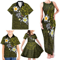 Hawaiian Turtle and Plumeria Family Matching Tank Maxi Dress and Hawaiian Shirt Polynesian Tattoo and Tribal Elements Pattern Yellow Color