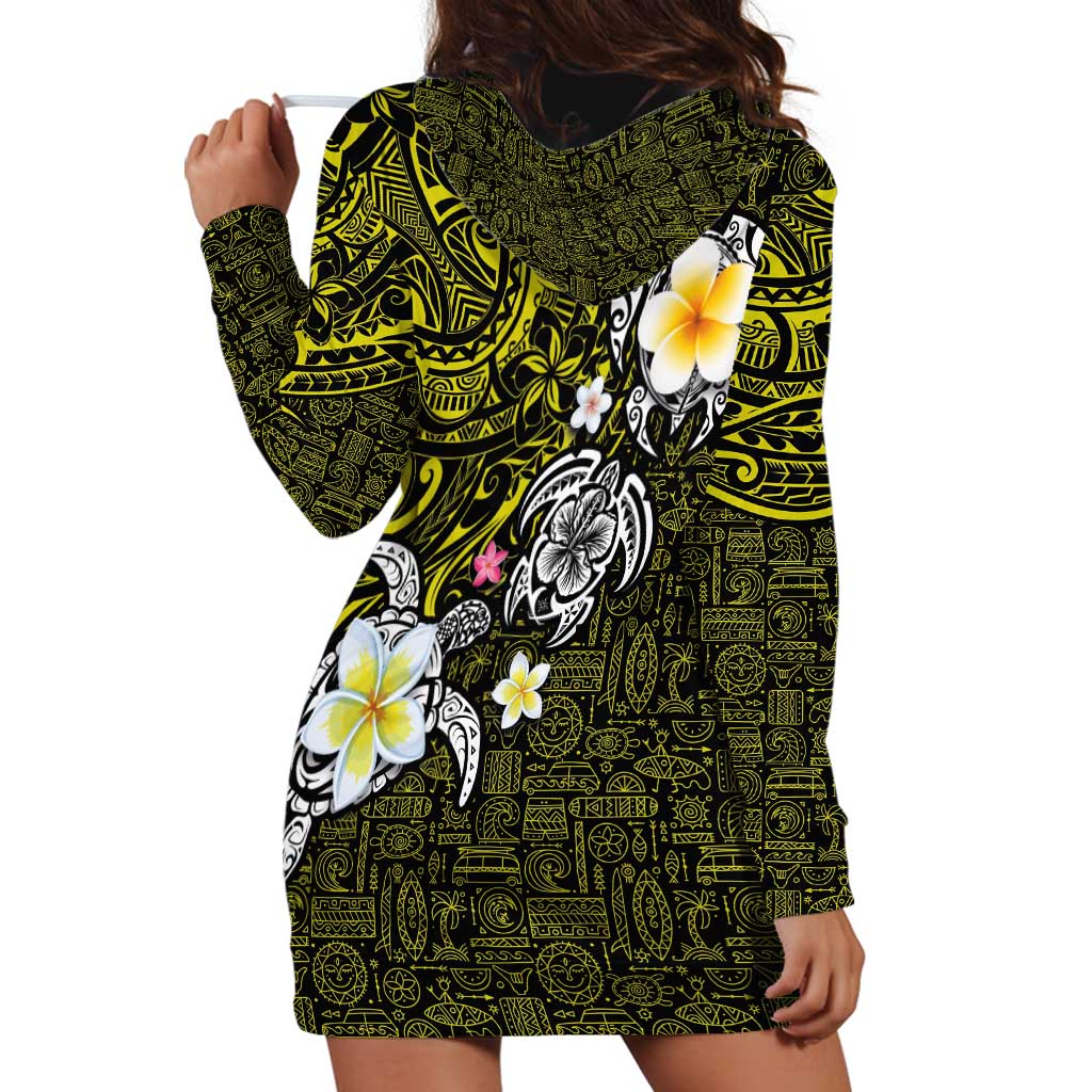 Hawaiian Turtle and Plumeria Hoodie Dress Polynesian Tattoo and Tribal Elements Pattern Yellow Color LT03 - Polynesian Pride