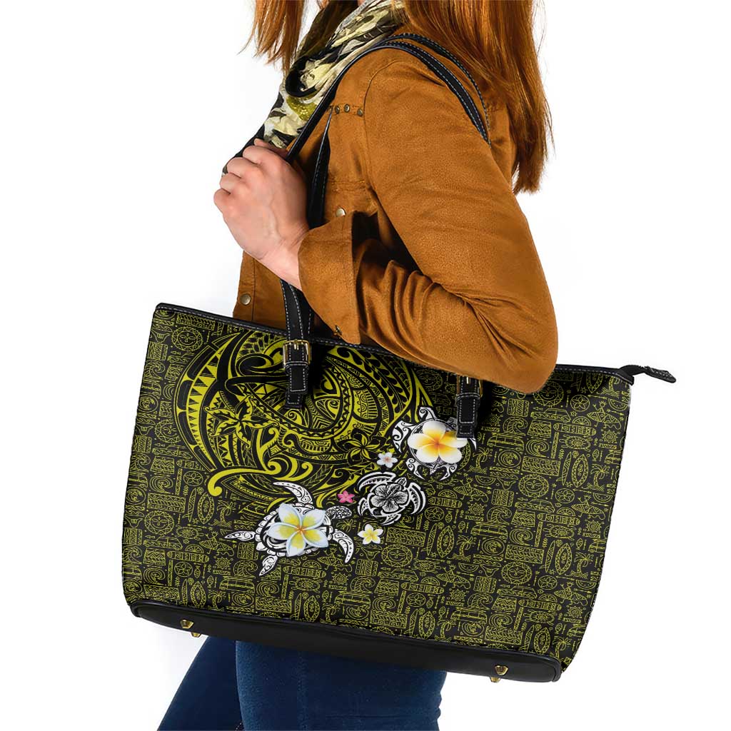 Hawaiian Turtle and Plumeria Leather Tote Bag Polynesian Tattoo and Tribal Elements Pattern Yellow Color LT03 Yellow - Polynesian Pride