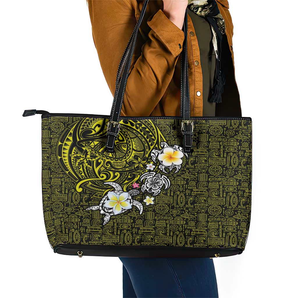 Hawaiian Turtle and Plumeria Leather Tote Bag Polynesian Tattoo and Tribal Elements Pattern Yellow Color LT03 - Polynesian Pride
