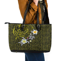 Hawaiian Turtle and Plumeria Leather Tote Bag Polynesian Tattoo and Tribal Elements Pattern Yellow Color LT03 - Polynesian Pride