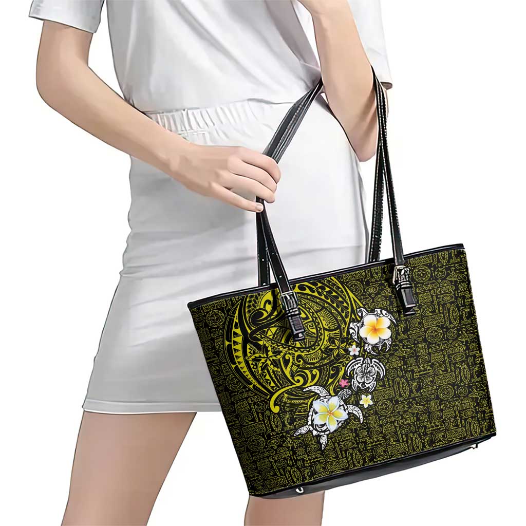Hawaiian Turtle and Plumeria Leather Tote Bag Polynesian Tattoo and Tribal Elements Pattern Yellow Color LT03 - Polynesian Pride