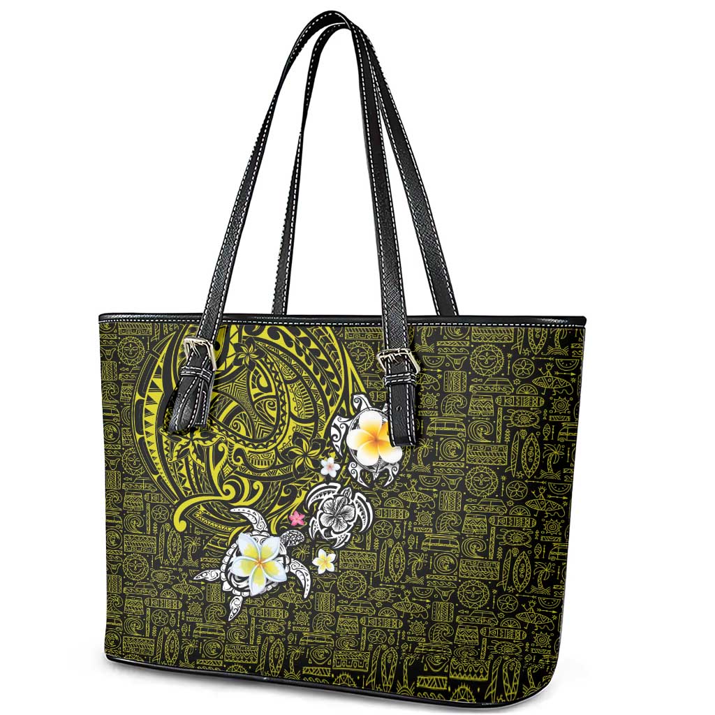 Hawaiian Turtle and Plumeria Leather Tote Bag Polynesian Tattoo and Tribal Elements Pattern Yellow Color LT03 - Polynesian Pride