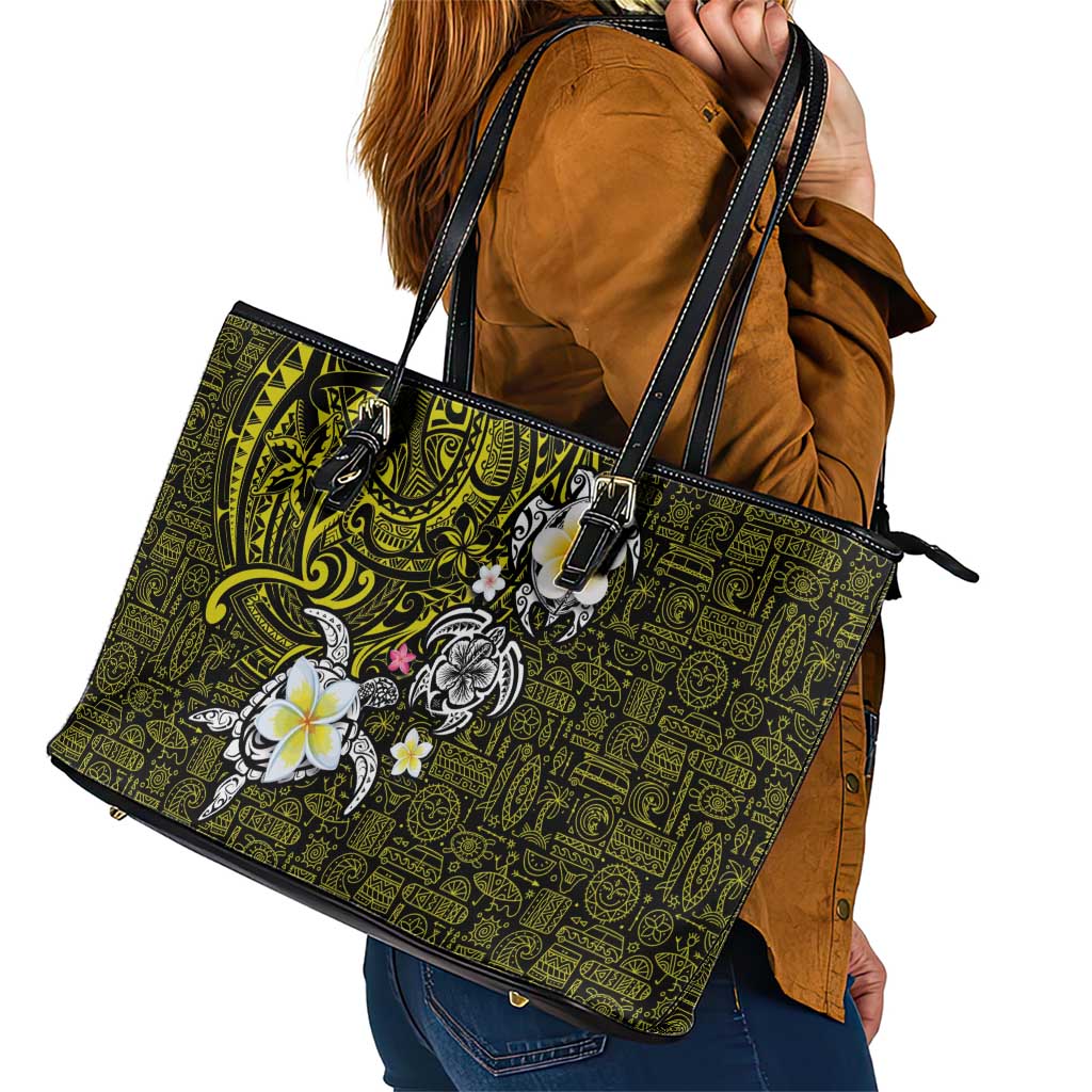 Hawaiian Turtle and Plumeria Leather Tote Bag Polynesian Tattoo and Tribal Elements Pattern Yellow Color LT03 - Polynesian Pride