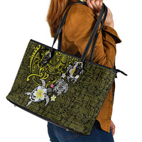 Hawaiian Turtle and Plumeria Leather Tote Bag Polynesian Tattoo and Tribal Elements Pattern Yellow Color LT03 - Polynesian Pride