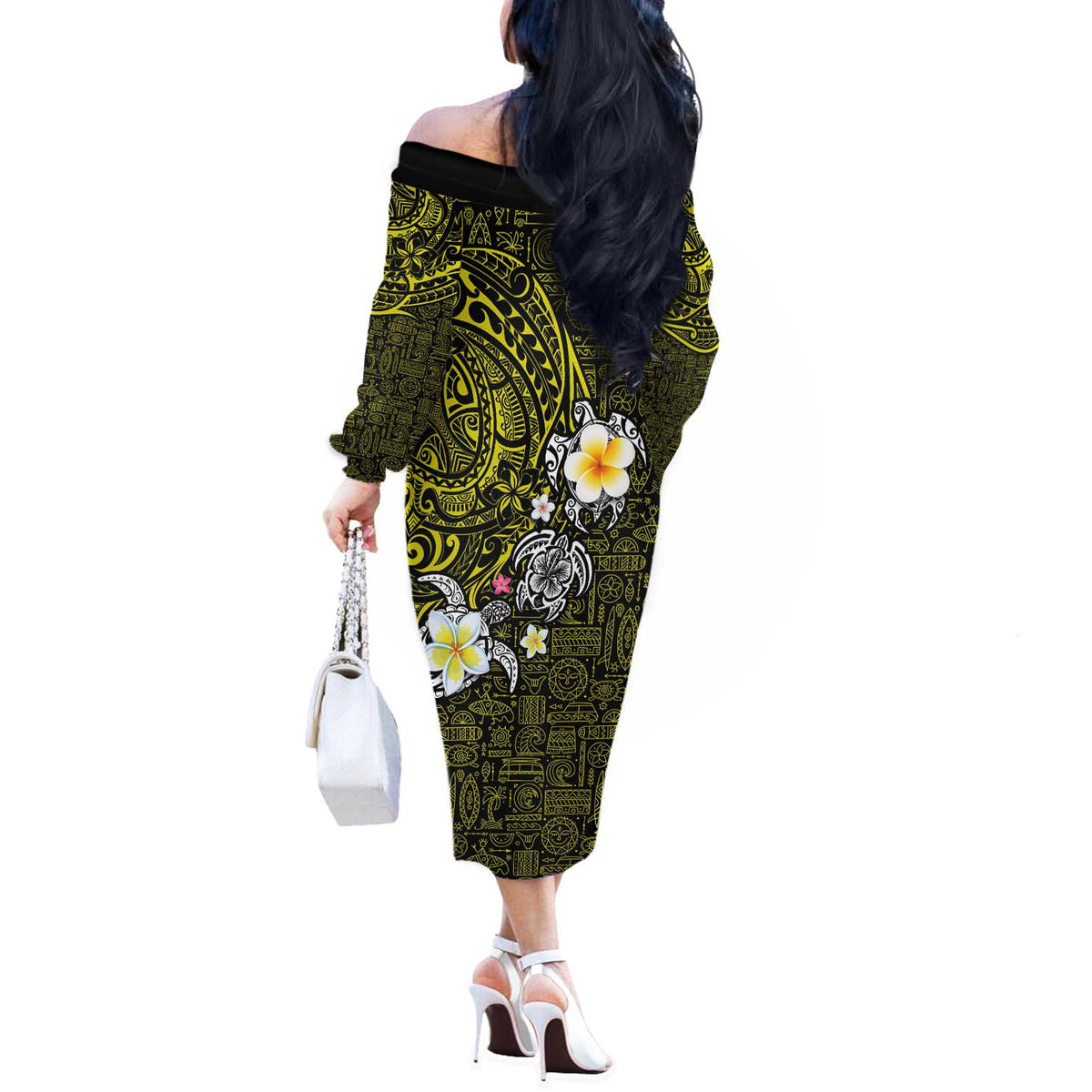 Hawaiian Turtle and Plumeria Off The Shoulder Long Sleeve Dress Polynesian Tattoo and Tribal Elements Pattern Yellow Color LT03 - Polynesian Pride