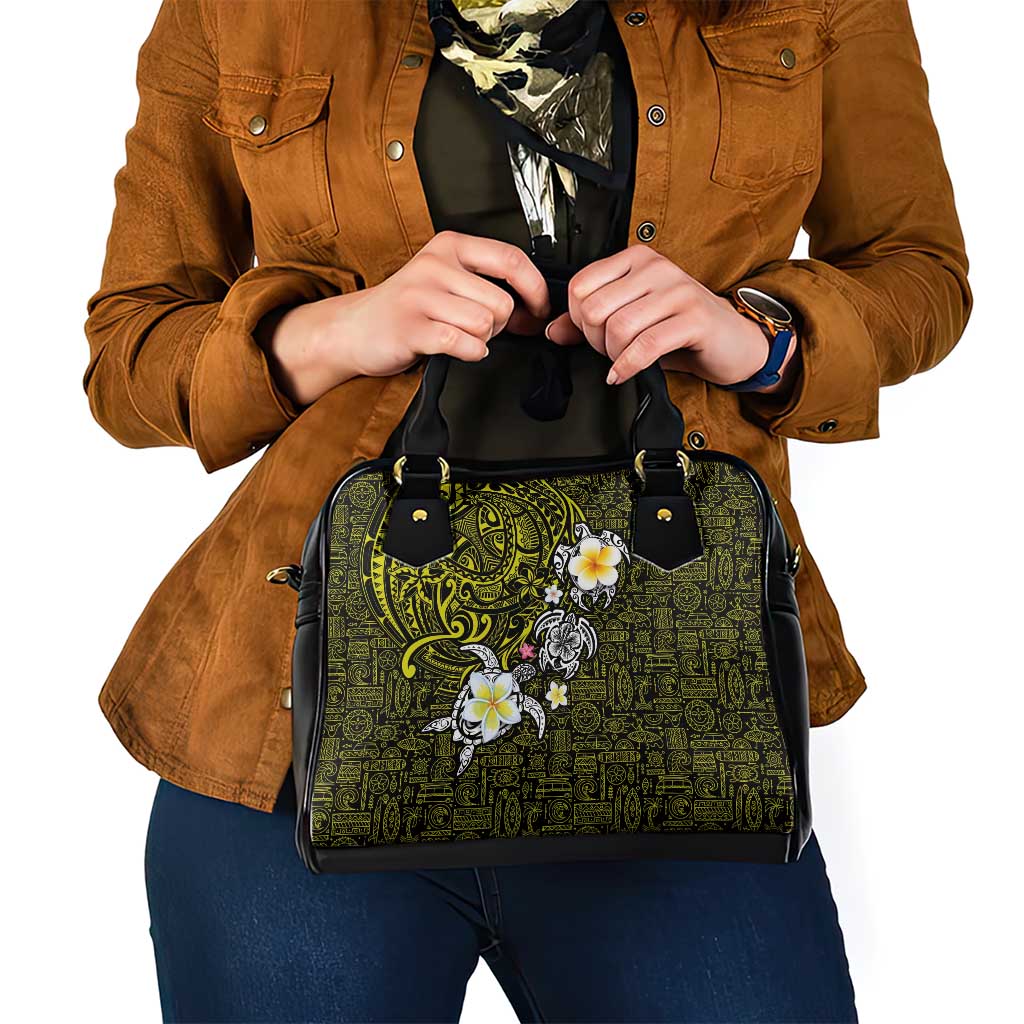 Hawaiian Turtle and Plumeria Shoulder Handbag Polynesian Tattoo and Tribal Elements Pattern Yellow Color