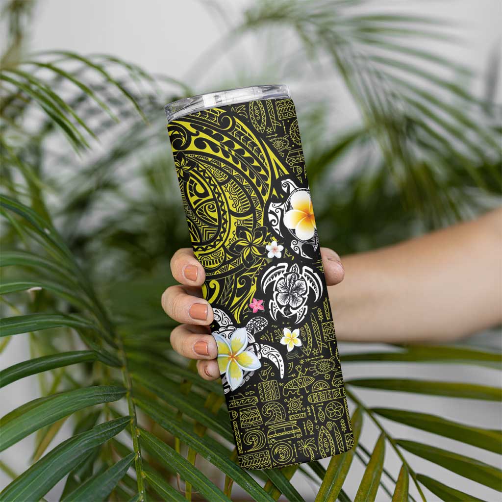 Hawaiian Turtle and Plumeria Skinny Tumbler Polynesian Tattoo and Tribal Elements Pattern Yellow Color LT03 - Polynesian Pride