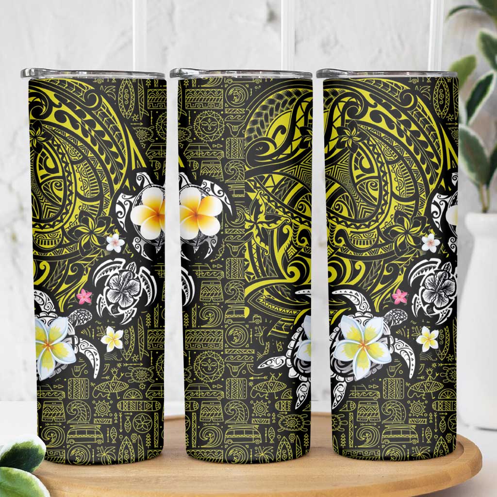 Hawaiian Turtle and Plumeria Skinny Tumbler Polynesian Tattoo and Tribal Elements Pattern Yellow Color LT03 - Polynesian Pride