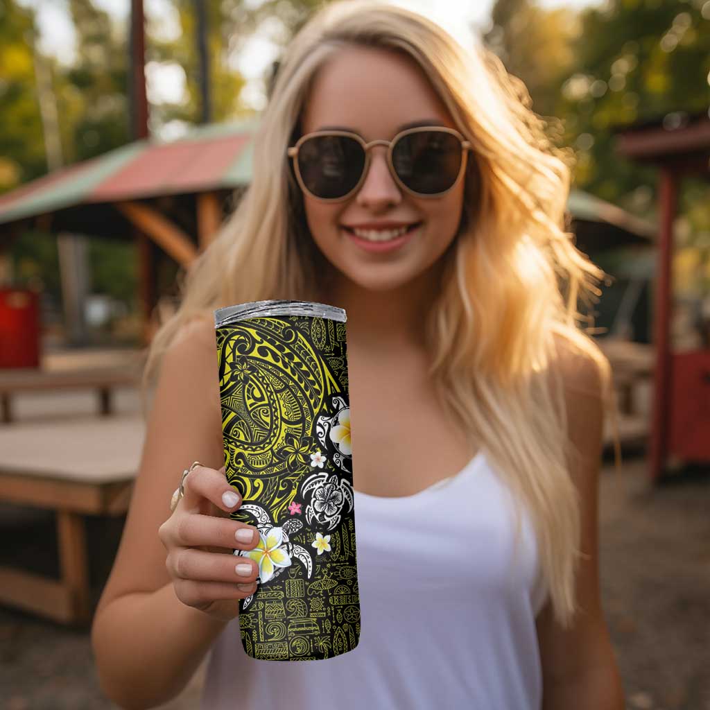 Hawaiian Turtle and Plumeria Skinny Tumbler Polynesian Tattoo and Tribal Elements Pattern Yellow Color LT03 - Polynesian Pride