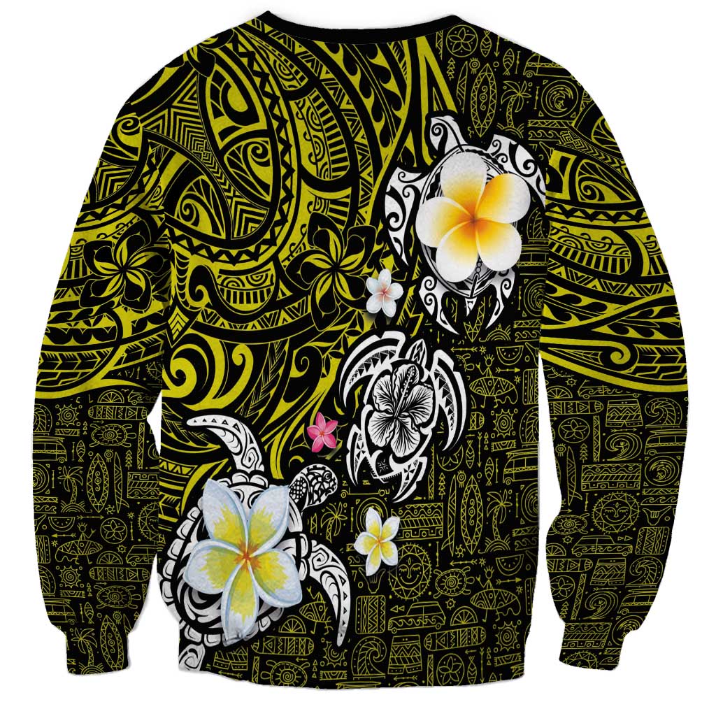 Hawaiian Turtle and Plumeria Sweatshirt Polynesian Tattoo and Tribal Elements Pattern Yellow Color
