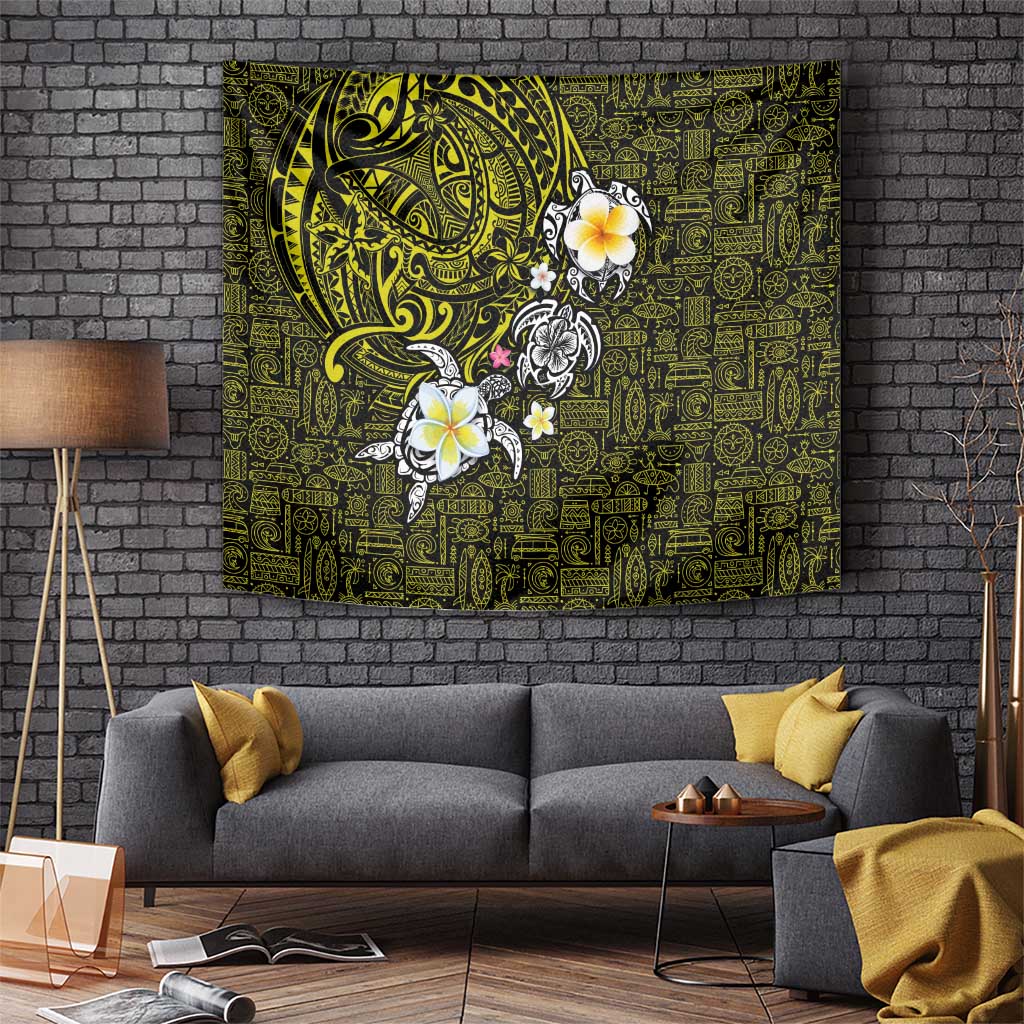 Hawaiian Turtle and Plumeria Tapestry Polynesian Tattoo and Tribal Elements Pattern Yellow Color