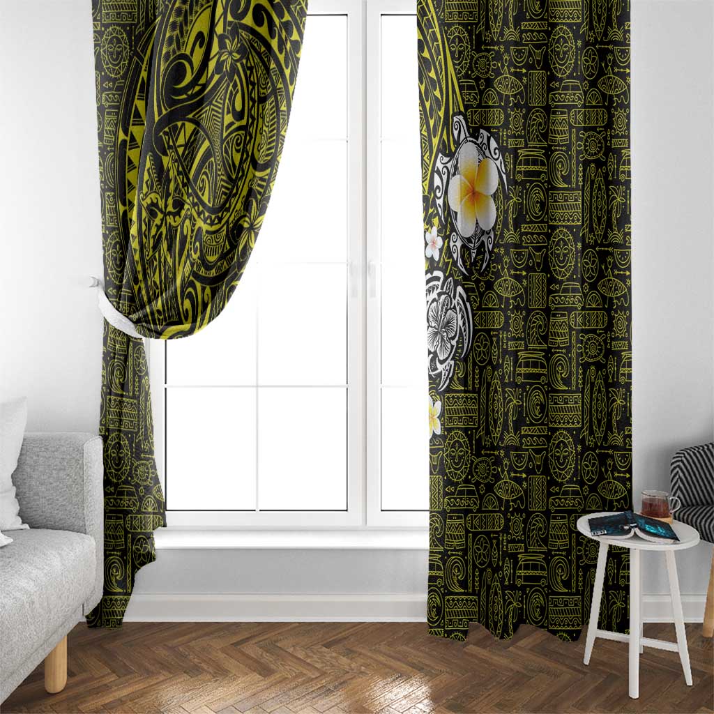 Hawaiian Turtle and Plumeria Window Curtain Polynesian Tattoo and Tribal Elements Pattern Yellow Color