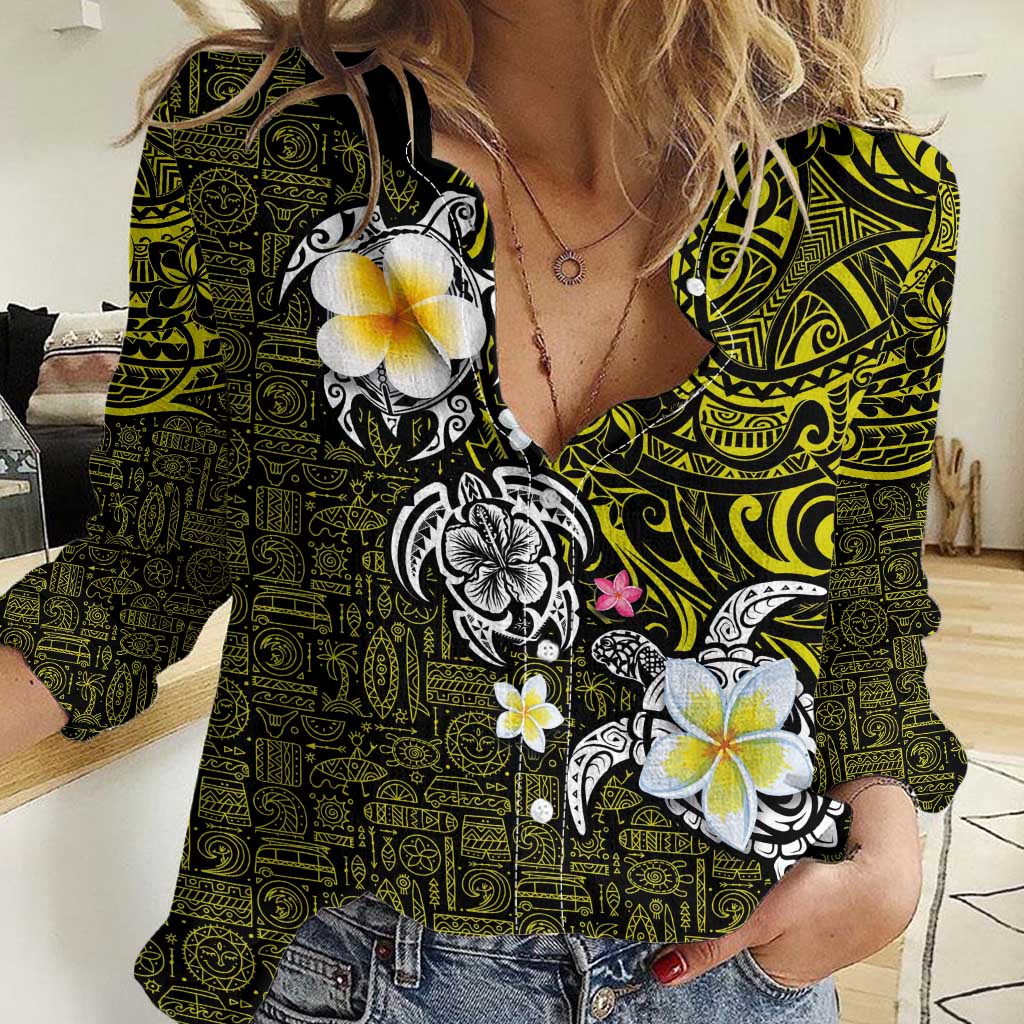 Hawaiian Turtle and Plumeria Women Casual Shirt Polynesian Tattoo and Tribal Elements Pattern Yellow Color LT03 Female Yellow - Polynesian Pride