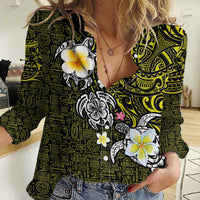 Hawaiian Turtle and Plumeria Women Casual Shirt Polynesian Tattoo and Tribal Elements Pattern Yellow Color LT03 Female Yellow - Polynesian Pride