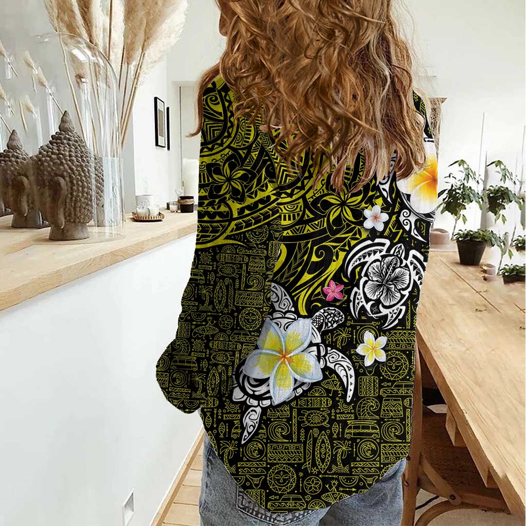 Hawaiian Turtle and Plumeria Women Casual Shirt Polynesian Tattoo and Tribal Elements Pattern Yellow Color LT03 - Polynesian Pride
