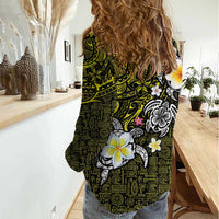 Hawaiian Turtle and Plumeria Women Casual Shirt Polynesian Tattoo and Tribal Elements Pattern Yellow Color LT03 - Polynesian Pride