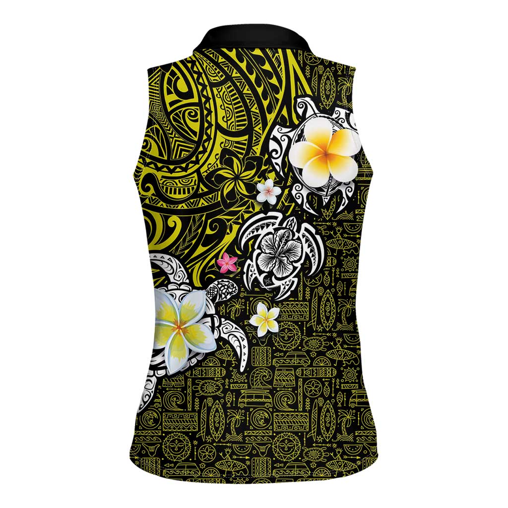 Hawaiian Turtle and Plumeria Women Sleeveless Polo Shirt Polynesian Tattoo and Tribal Elements Pattern Yellow Color LT03 - Polynesian Pride