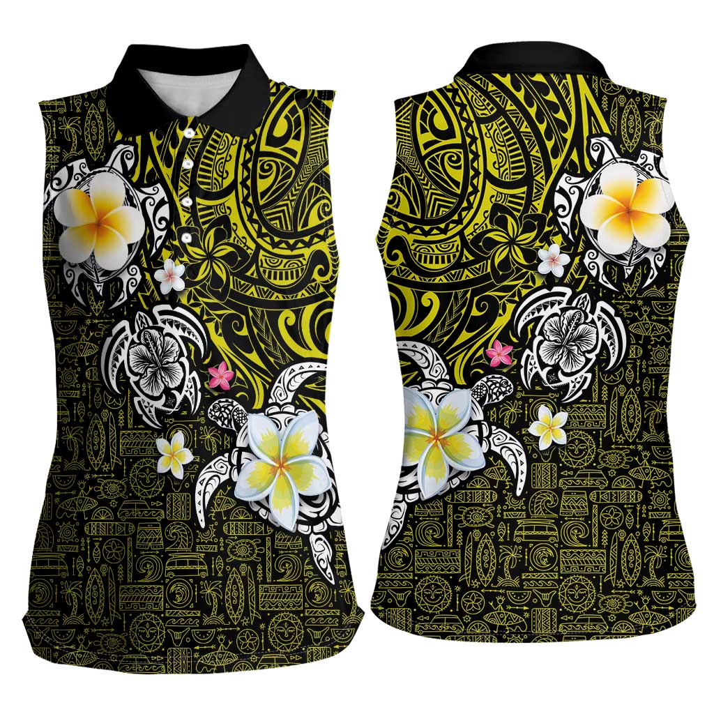 Hawaiian Turtle and Plumeria Women Sleeveless Polo Shirt Polynesian Tattoo and Tribal Elements Pattern Yellow Color LT03 - Polynesian Pride