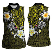 Hawaiian Turtle and Plumeria Women Sleeveless Polo Shirt Polynesian Tattoo and Tribal Elements Pattern Yellow Color LT03 - Polynesian Pride