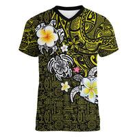 Hawaiian Turtle and Plumeria Women V-Neck T-Shirt Polynesian Tattoo and Tribal Elements Pattern Yellow Color LT03 Female Yellow - Polynesian Pride