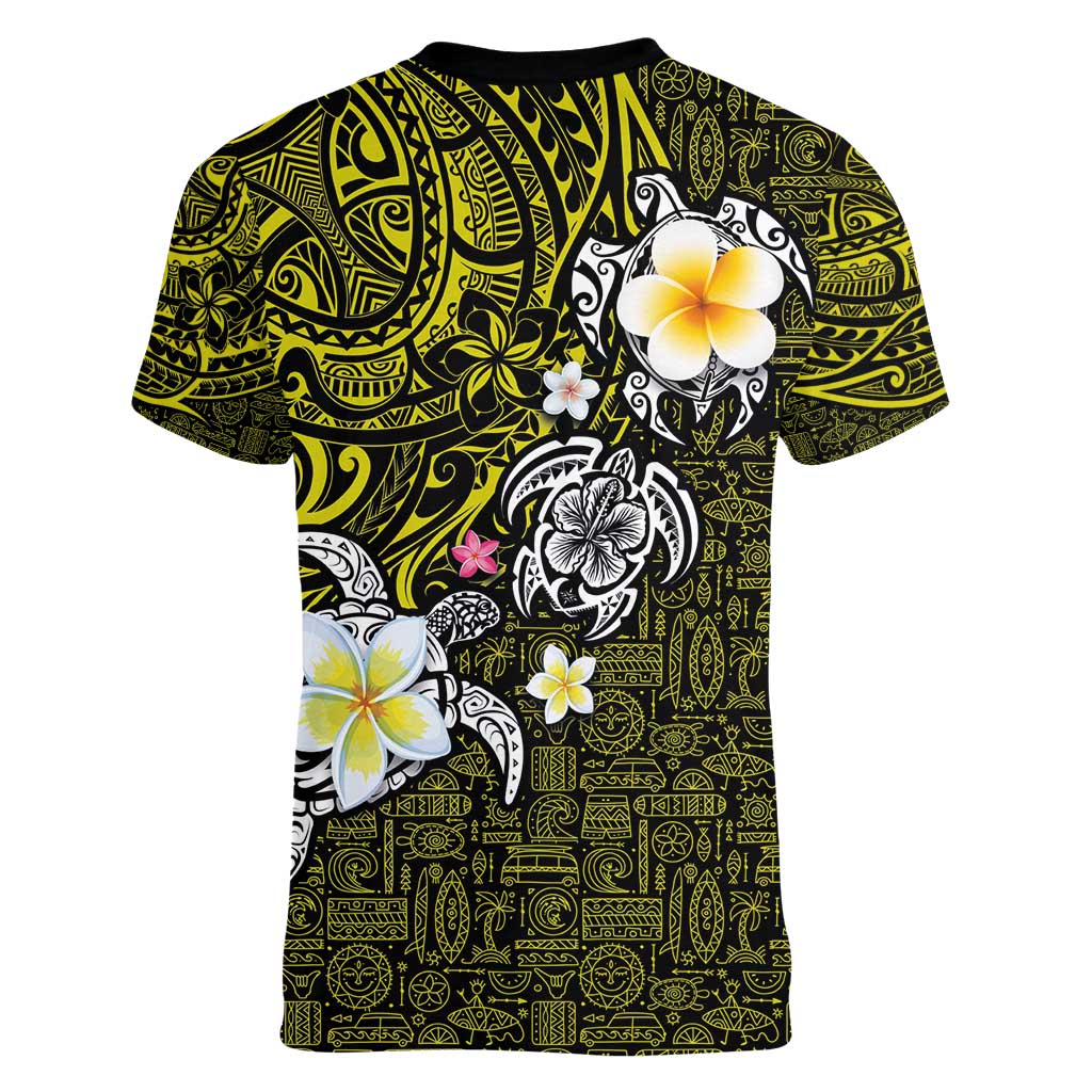 Hawaiian Turtle and Plumeria Women V-Neck T-Shirt Polynesian Tattoo and Tribal Elements Pattern Yellow Color LT03 - Polynesian Pride