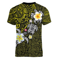 Hawaiian Turtle and Plumeria Women V-Neck T-Shirt Polynesian Tattoo and Tribal Elements Pattern Yellow Color LT03 - Polynesian Pride