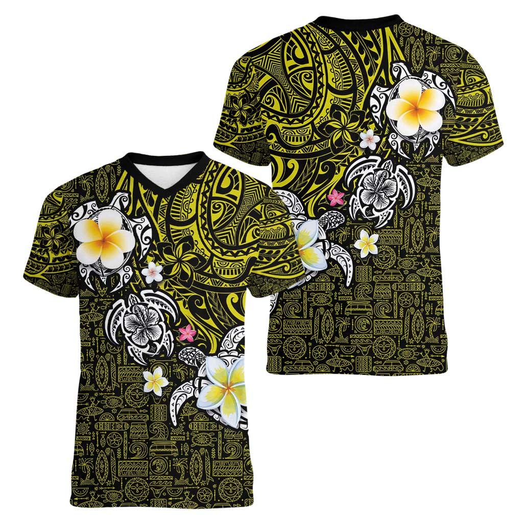 Hawaiian Turtle and Plumeria Women V-Neck T-Shirt Polynesian Tattoo and Tribal Elements Pattern Yellow Color LT03 - Polynesian Pride