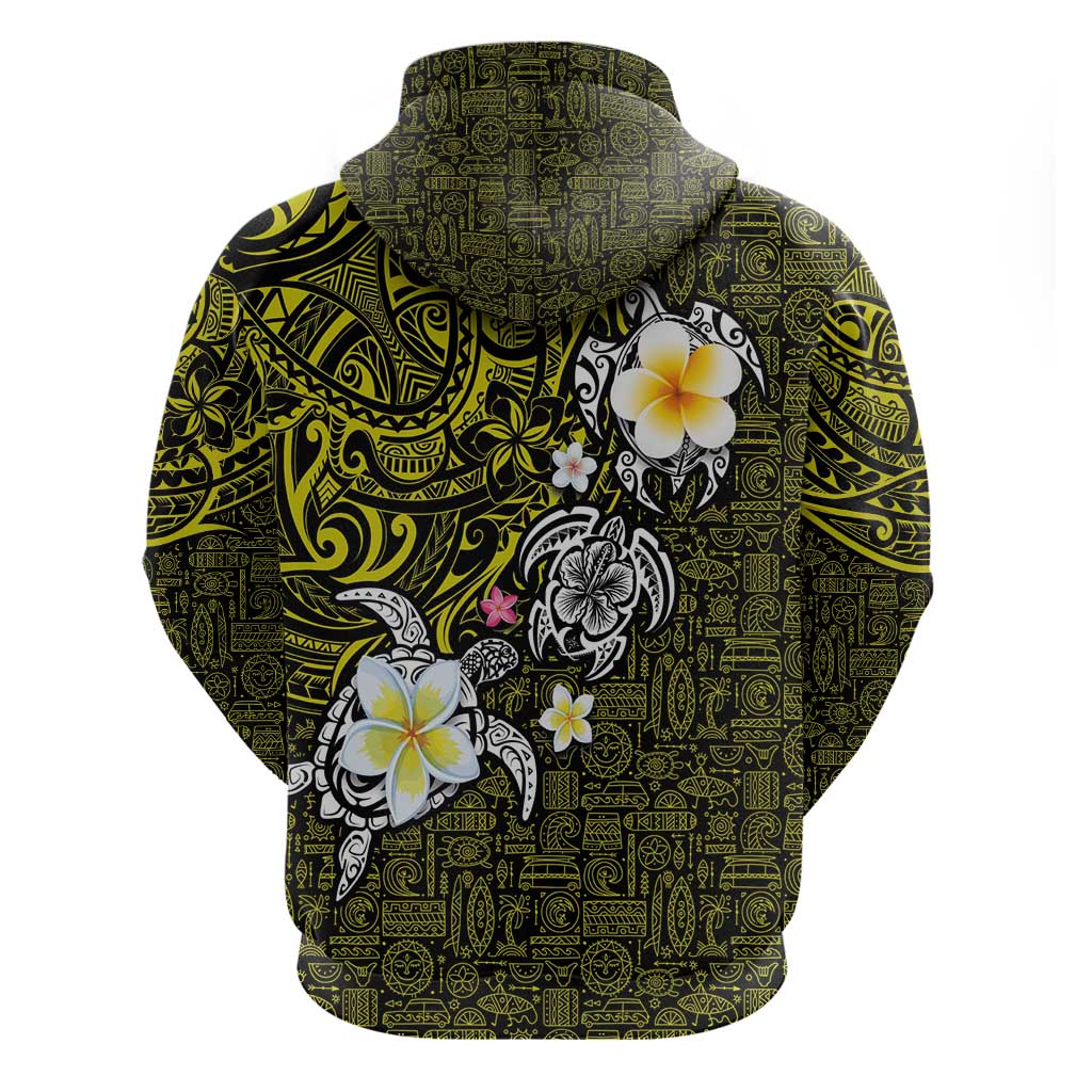 Hawaiian Turtle and Plumeria Zip Hoodie Polynesian Tattoo and Tribal Elements Pattern Yellow Color LT03 - Polynesian Pride