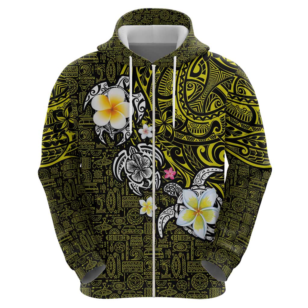 Hawaiian Turtle and Plumeria Zip Hoodie Polynesian Tattoo and Tribal Elements Pattern Yellow Color LT03 - Polynesian Pride