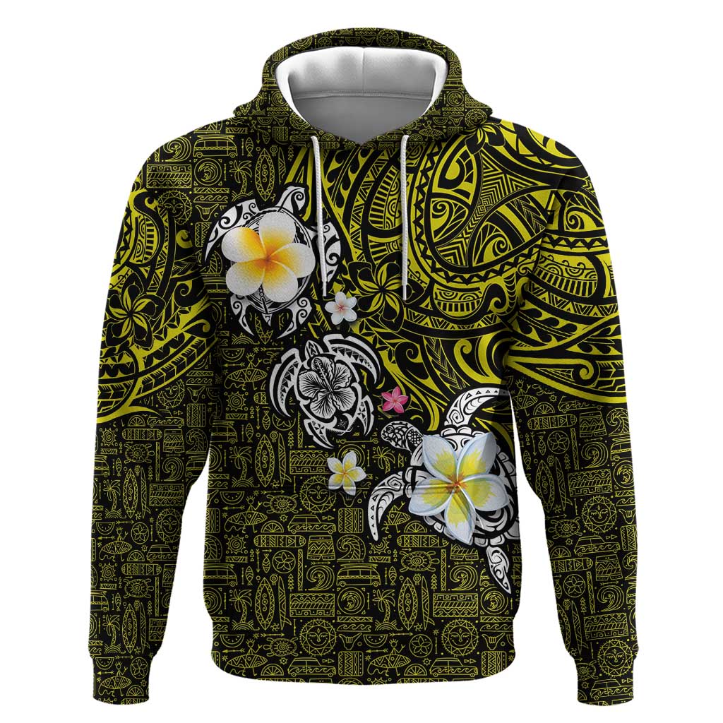 Hawaiian Turtle and Plumeria Zip Hoodie Polynesian Tattoo and Tribal Elements Pattern Yellow Color LT03 Pullover Hoodie Yellow - Polynesian Pride