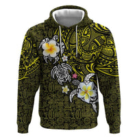 Hawaiian Turtle and Plumeria Zip Hoodie Polynesian Tattoo and Tribal Elements Pattern Yellow Color LT03 Pullover Hoodie Yellow - Polynesian Pride