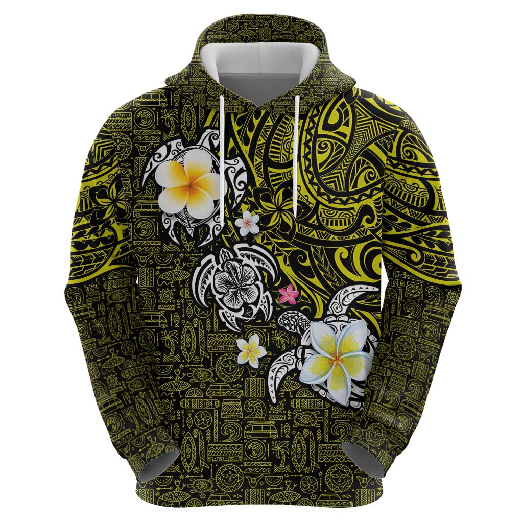 Hawaiian Turtle and Plumeria Zip Hoodie Polynesian Tattoo and Tribal Elements Pattern Yellow Color LT03 - Polynesian Pride