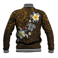 Hawaiian Turtle and Plumeria Baseball Jacket Polynesian Tattoo and Tribal Elements Pattern Orange Color