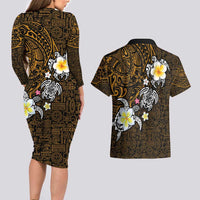 Hawaiian Turtle and Plumeria Couples Matching Long Sleeve Bodycon Dress and Hawaiian Shirt Polynesian Tattoo and Tribal Elements Pattern Orange Color LT03 - Polynesian Pride