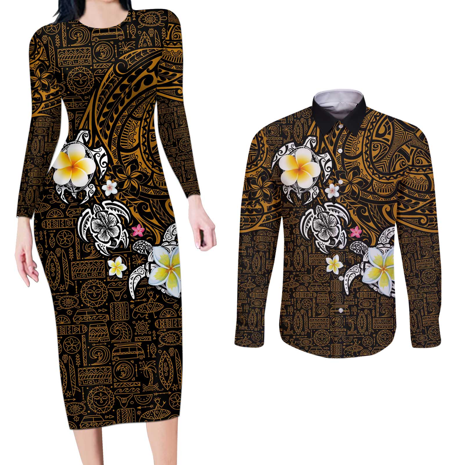 Hawaiian Turtle and Plumeria Couples Matching Long Sleeve Bodycon Dress and Long Sleeve Button Shirt Polynesian Tattoo and Tribal Elements Pattern Orange Color