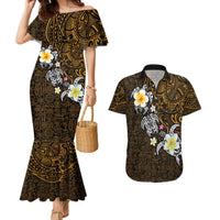 Hawaiian Turtle and Plumeria Couples Matching Mermaid Dress and Hawaiian Shirt Polynesian Tattoo and Tribal Elements Pattern Orange Color LT03 Orange - Polynesian Pride